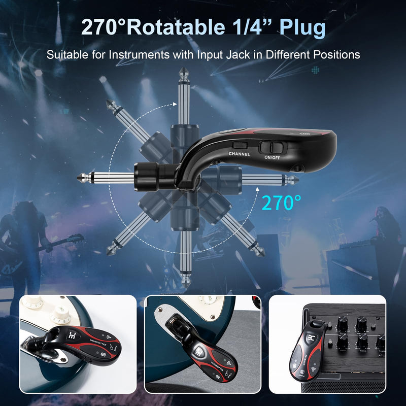 Professional Wireless Guitar System, 20 Channels, <1.5ms Ultra-Low Latency, 164ft Range, 270° Rotating Plug, Rechargeable Guitar Transmitter & Receiver for Guitar Bass Electric Instrument