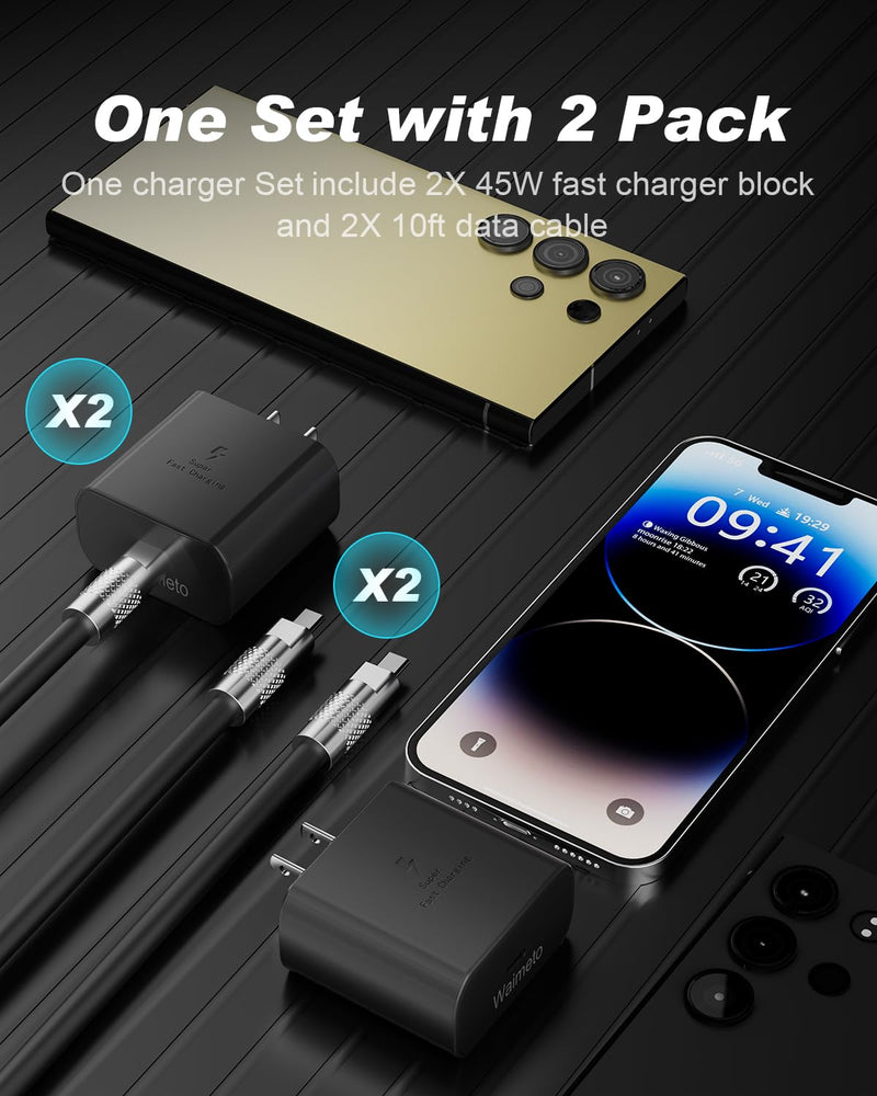 [AUSTRALIA] - 2Pack 45W Type C Charger Fast Charging, Waimeto Super Fast Charger USB C with 2X 10ft Type C to C Long Charging Cable for Samsung Galaxy S24 Ultra/S24/S23/S22 Ultra/S22+/S22 Plus/S21+/Note 20/Note10+ 