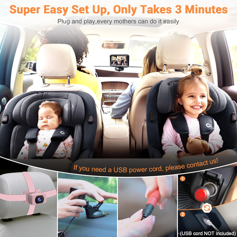[AUSTRALIA] - Rohent Car Baby Monitor for Baby Girls - 1080P HD, 360° Adjustable, Night Vision, 150° Wide-Angle Lens, Easy Installation, Perfect for Girls Aged 0-5, Ideal for Parents, Grandparents & Families Pink 