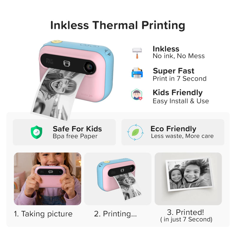 myFirst Kids Instant Print Camera, 16MP Camera, 9 Rolls Paper, Travel Case | 7S inkless thermal printing, insta 20 bundle, selfie lens, toy camera, school travel play, birthday gift for girls ages 4-12 Cotton Candy Camera + 9 Rolls Paper + Carrying Case