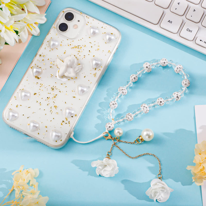 Phone Charm String Phone Chain Strap Cute Keychains Beaded Phone Strap Cell Phone Charms Beaded Lanyard Kawaii Creative Crystal Flower Pendant（White） GBYBY5768