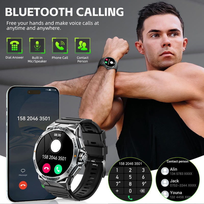Military Smart Watch for Men with 1.43'' AMOLED Always On Display Watch | 300mAh Battery Rugged Smartwatch with Heart Rate Sleep Monitor Fitness Tracker for iPhone Android (Stainless Steel) Stainless Steel
