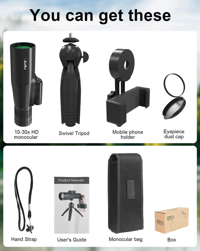 10-30x50 Monoculars for Adults High Powered with Smart Phone Holder & Upgraded Tripod, Starscope Monocular Military Grade for Outdoor Exploration, Bird Watching, and Scenic Viewing 10-30x50