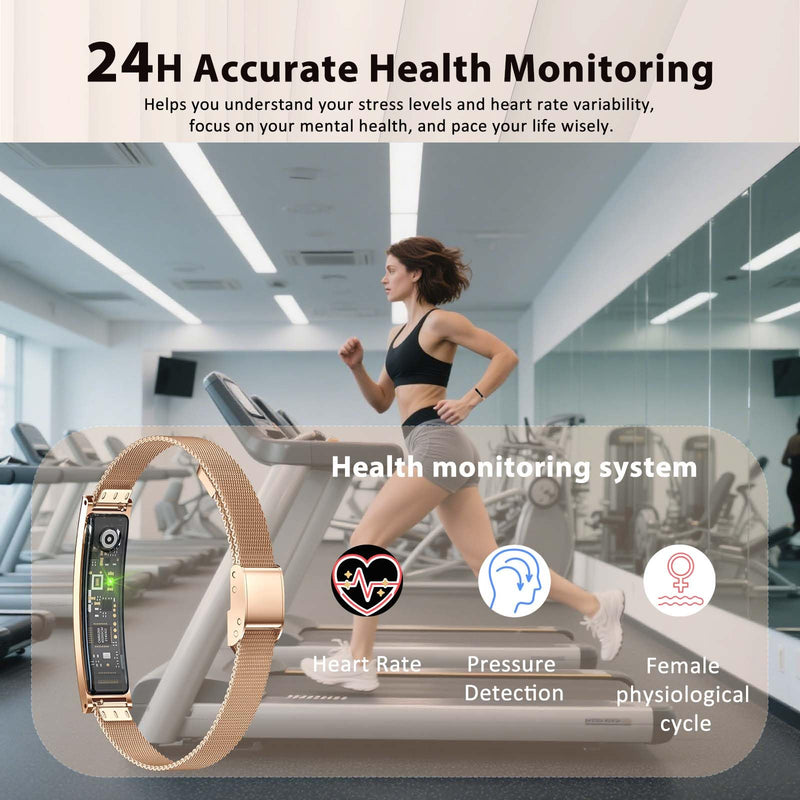 Smart Bracelet for Men Women with 2 Bands 24/7 Fitness Health Tracker | Heart Rate/Pressure Detection/Sleep Monitor, 5ATM Waterproof Fashion Wristband with Multiple Sport Modes Android iOS Gold Steel + Black Silicone
