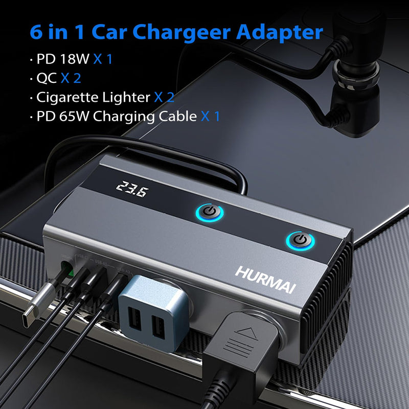 Dual Socket Cigarette Lighter Splitter Adapter with Retractable Phone Charger, 120W Heavy Duty Truck Car USB Chager Multi Port with PD/QC Charge USB C 12V/24V Independent Switches for Car Devices
