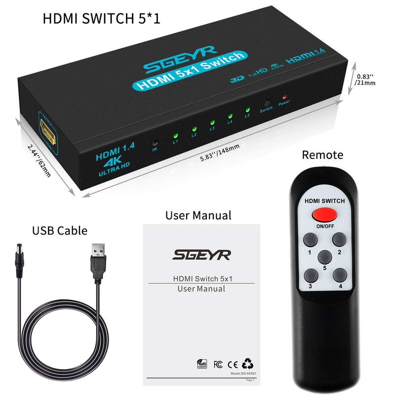 HDMI Switch SGEYR 5x1 HDMI Switcher 5 in 1 Out HDMI Switch Selector 5 Port Box with IR Remote Control HDMI 1.4 HDCP 1.4 Support 4K@30Hz Ultra HD 3D 2160P 1080P Blue