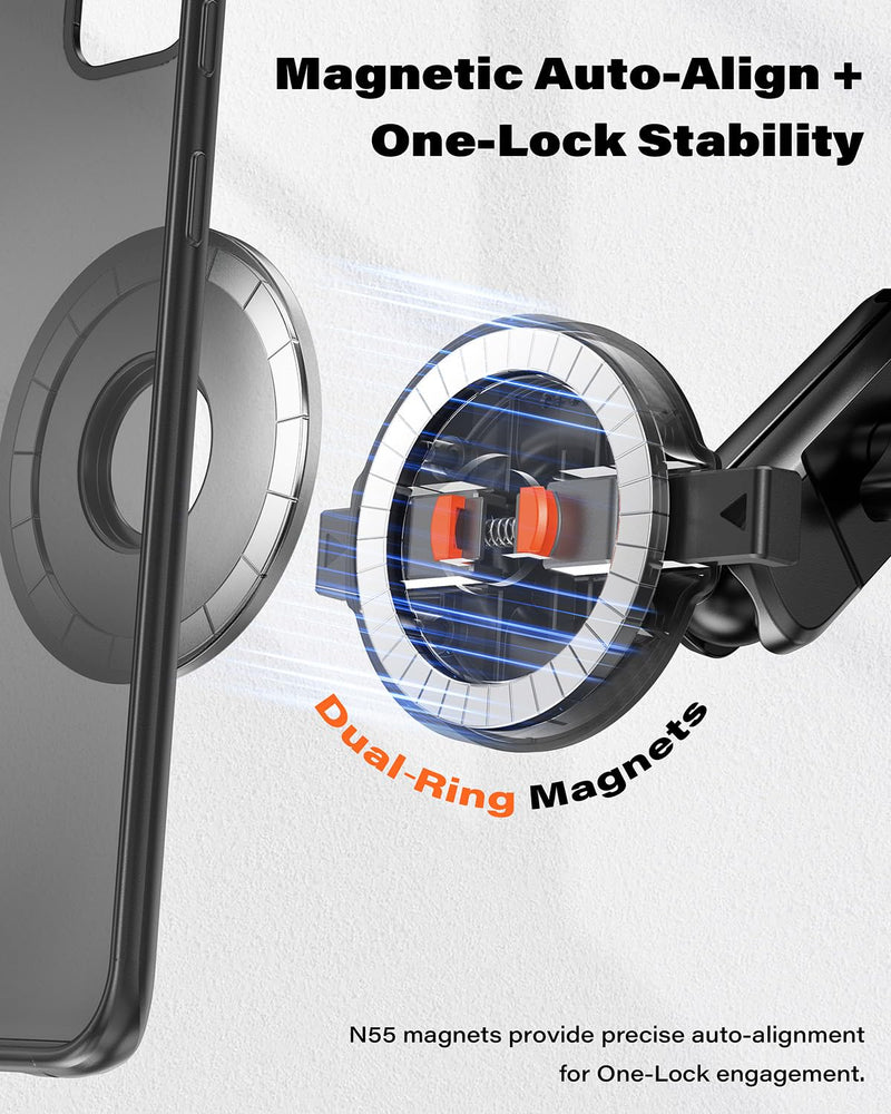 A2C One-Lock Ultra Heavy-Duty Vacuum Suction Cup Car Mount – Integrated Magnetic Auto-Align & One-Click Lock/Release, Aircraft-Grade Aluminum Arm, Built for Off-Road & Rugged Driving