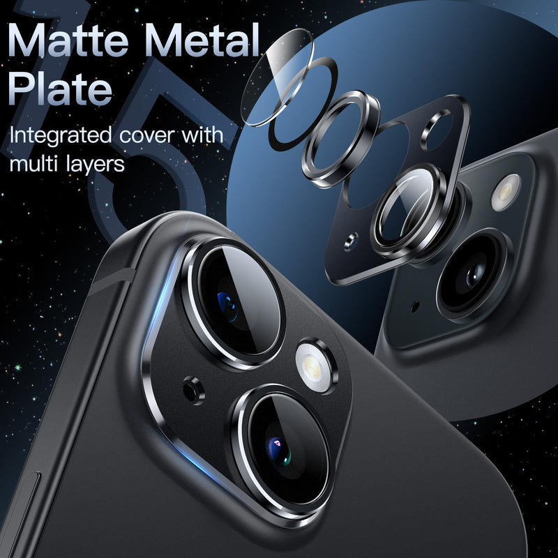 JETech Camera Lens Protector for iPhone 15 6.1-Inch and iPhone 15 Plus 6.7-Inch, Full Coverage 9H Tempered Glass Ring Cover, Matte Metal Plate, Case Friendly, 1-Pack (Midnight) Midnight
