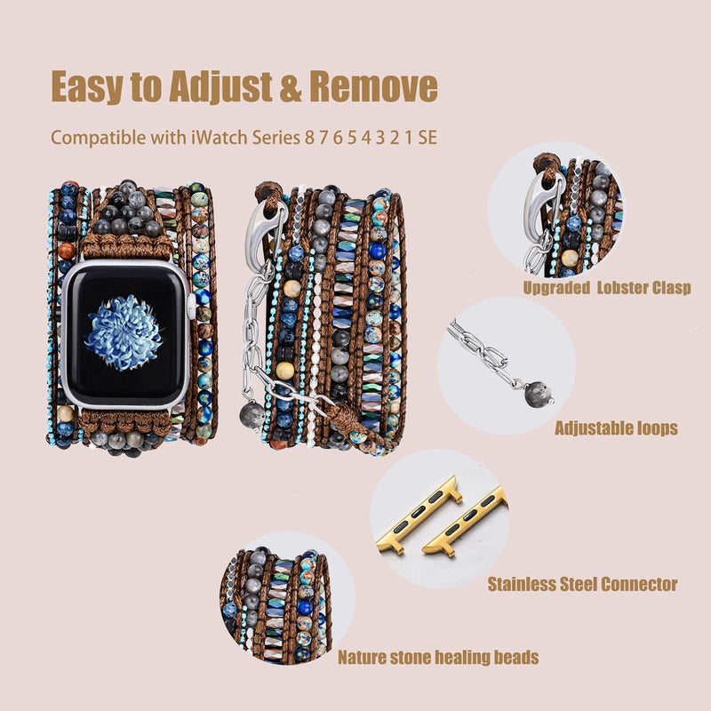 Handmade Beaded Boho Watch Band, Boho Watch for women, Bracelet Compatible with Apple Watch 38mm/40mm/41mm/42mm/44mm/45mm-Watch Strap for Iwatch Series 8/7/6/5/4/3/2/1/SE 38/40/41mm Blue Japser