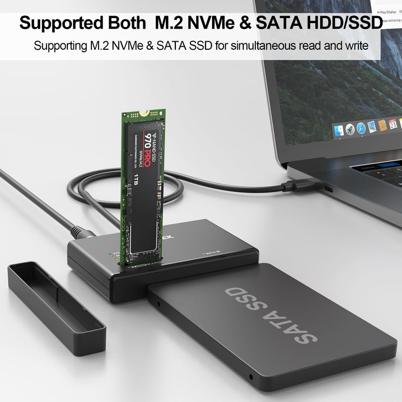 Unitek Dual-Bay M.2 NVMe/SATA USB 3.2 Adapter, 10Gbps, Tool-Free | Simultaneous M.2 & SATA Access; Fits M.2 2230-2280 & 2.5/3.5" SATA Drives; Hot-Swap, Auto Sleep, No Driver; JMS581D Chip