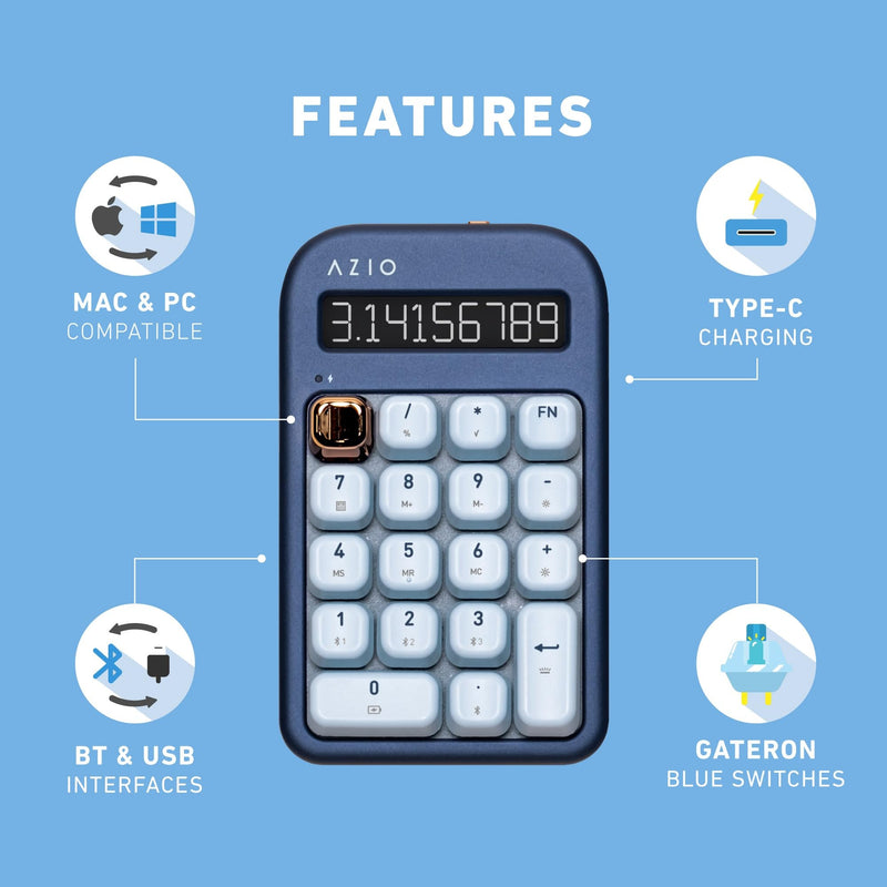 AZIO IZO Wireless Mechanical Calculator & Number Pad - Bluetooth 5.0 & USB, Gateron-Blue Mechanical Switch, 9 Backlight Modes, Rechargeable, PC & Mac Compatible, Blue Iris (IN105) Azio IZO