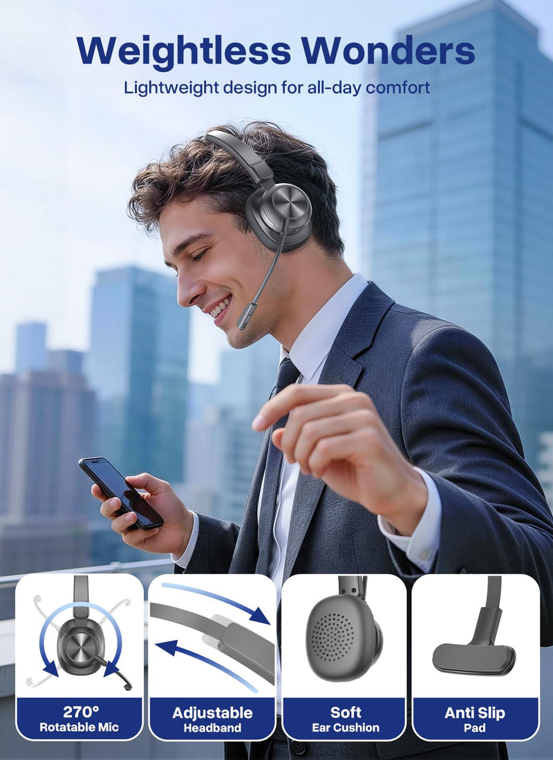 Trucker Bluetooth Headset, Wireless Headset with Microphone | USB Dongle, On Ear Bluetooth Headphones with AI Noise Cancelling 50H Playback Mute Button for Truck Driver Office Work, Ash