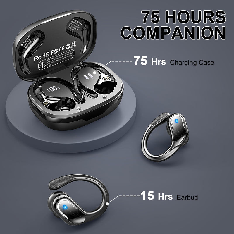 Wireless Earbuds, Sport Bluetooth 5.4 Headphones 2026 New Bluetooth Earbuds with 75Hrs Stereo, 4 ENC Mic, Noise Canceling Over-Ear Buds with Earhooks, IP7 Waterproof Earphones for Workout/Running/Gym A-Black
