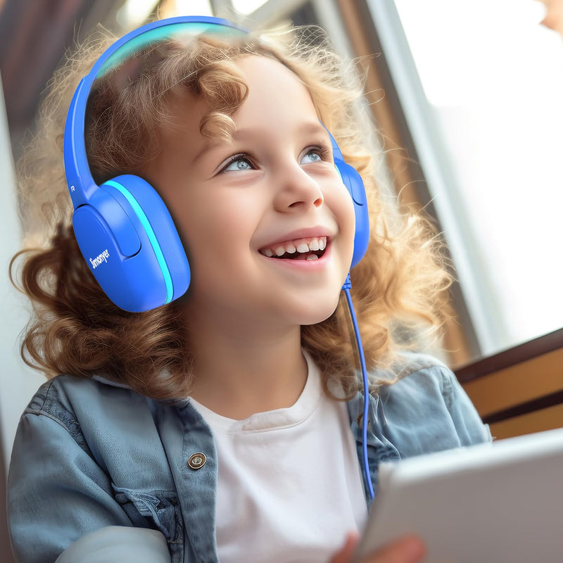 [AUSTRALIA] - Kids Headphones for School, 3.5mm Jack Wired Headphones for Kids with Safe Volume Limiter, HD Stereo Sound On-Ear Girls Boys Toddler Headphones for Tablet, iPad, Kindle(Blue) Blue 