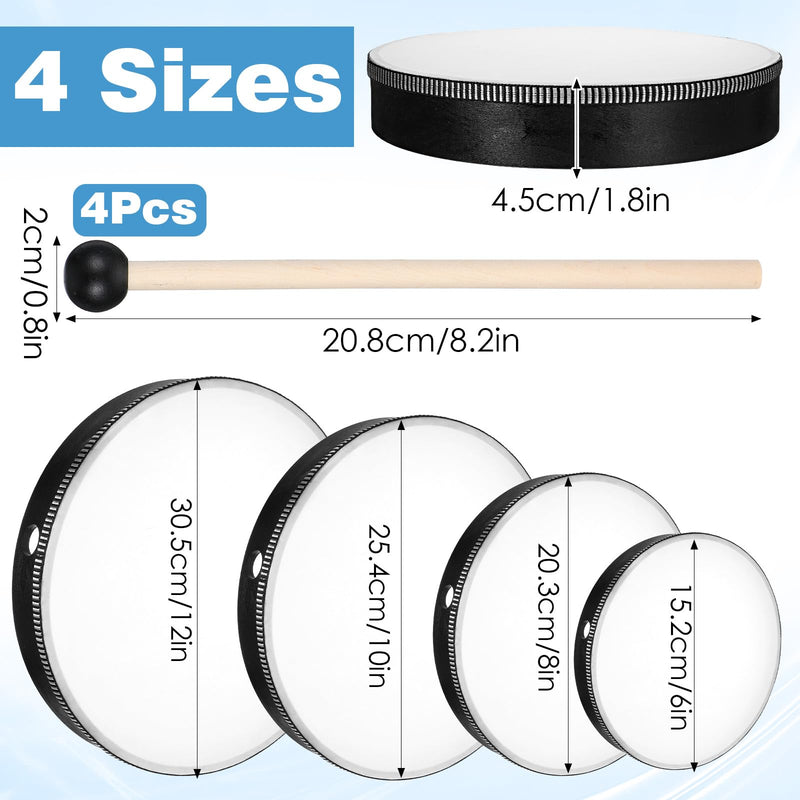 4 Pack Hand Drum Set, 6-12 Inch Wood Frame Percussion Instruments with Sticks for Beginners, Home Party Supplies