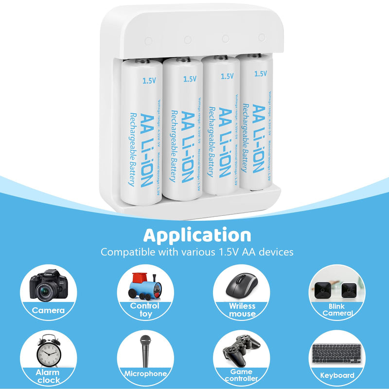 4 Pack Rechargeable 1.5V Lithium AA Batteries with Charger (4-Bay Independent Slot), Long Lasting Double A Size Battery 3600mWh for Blink Camera AA 4 Pack+Charger