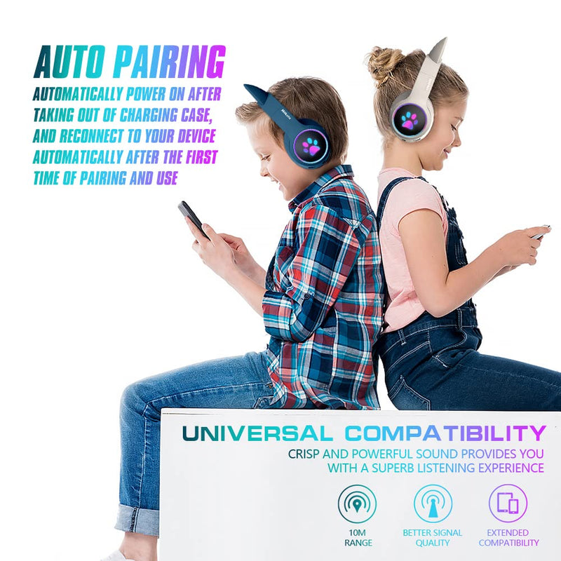 Mokata Gaming Bluetooth 5.0 Wireless Headphones Over Ear Cat LED Light Foldable Music Headset with AUX 3.5mm Microphone (Built-in) for Adult & Kids PC TV Game Music Pad Laptop Cellphone Pink Bluetooth Wireless
