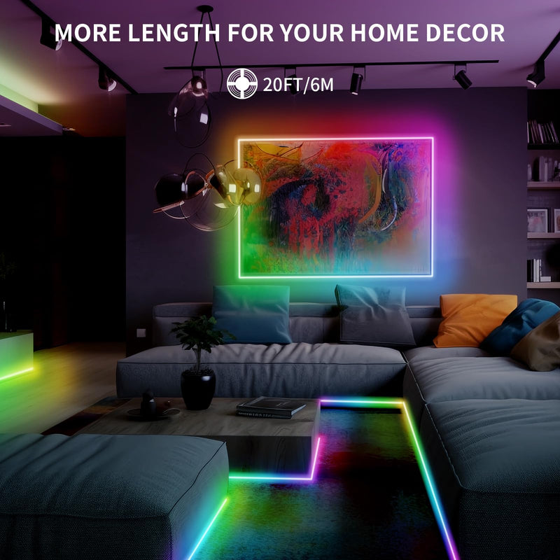 20FT LED Strip Lights COB Smart IC, 24V RGB LED Lights for Bedroom with RF Remote Smart App Button Controller Music Sync Color Changing Strip Lights for Game Room Kitchen Cabinet Lighting 20FT