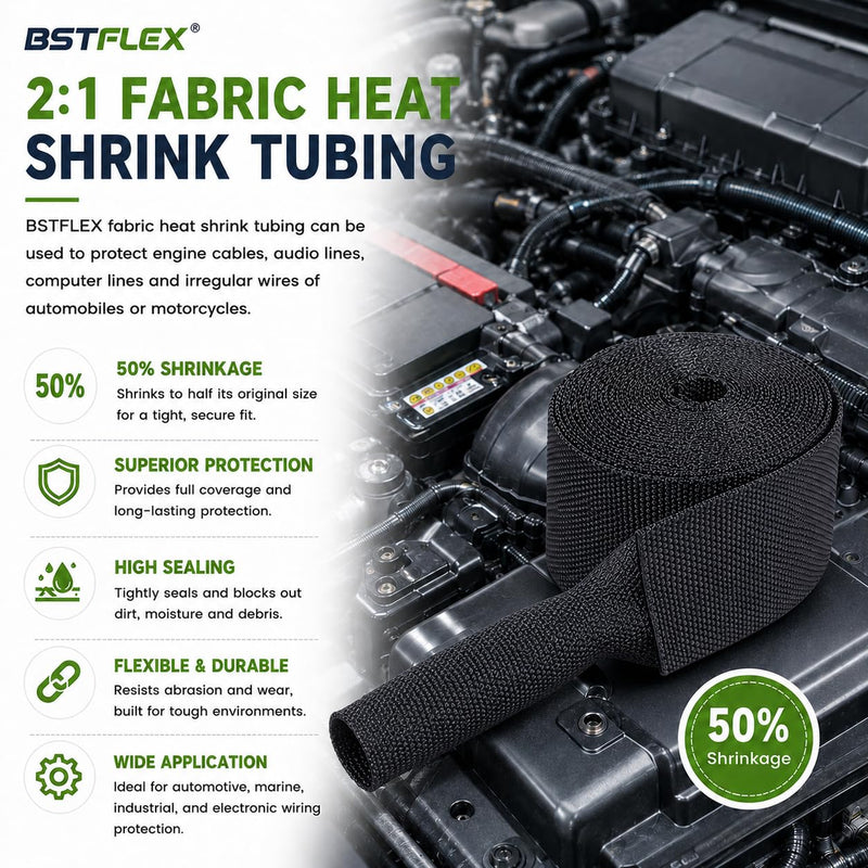 2:1 Heat Shrink Braided Sleeve 3/4 inch 20FT, Automotive Wear-Resistant Fabric Flat Woven Tubing, Flexible Abrasion Protection Sleeving for Wiring Harness, Cable Sheath, Wires & Hoses Protection 20mm-3/4" I.D x 20FT