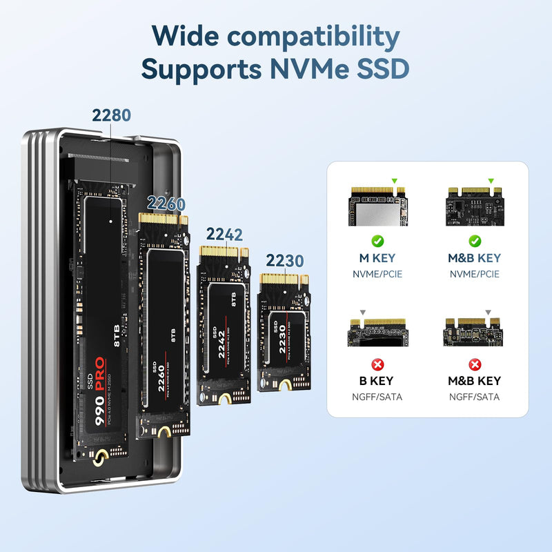 ANYOYO 40Gbps M.2 NVMe SSD Enclosure with Aluminum Alloy Heat Dissipation, No Noise External SSD Case Compatible for Thunderbolt 4/3/USB4, Support M/B+M Key SSD, Tool-Free Installation TBU401