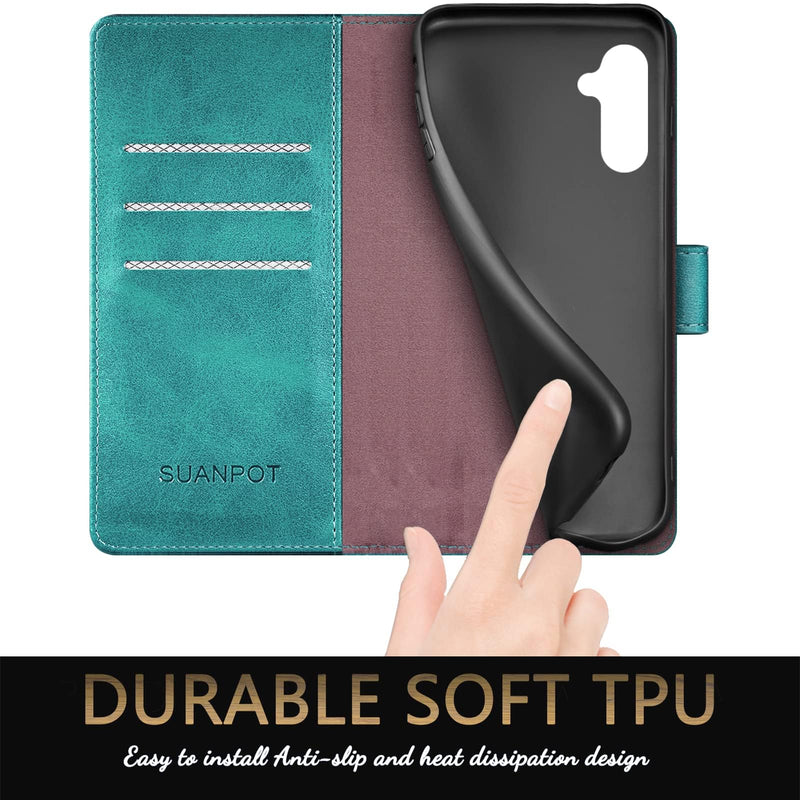 SUANPOT for Samsung Galaxy A15 5G Wallet case with RFID Blocking Credit Card Holder,Flip Book PU Leather Protective Cover Women Men for Samsung A15 Phone case Blue Green