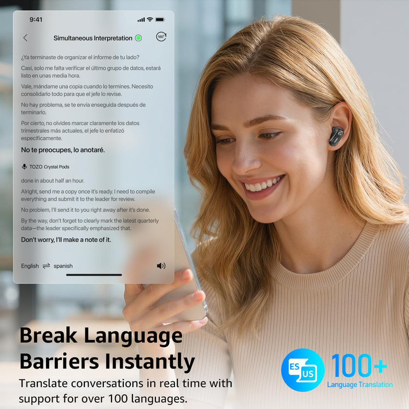 TOZO Crystal Pods Hybrid Active Noise Cancelling Wireless Earbuds, Black | 10mm Drivers Deep Bass, 4 Mics Smart ENC AI Calls, Real-Time AI Translation, 32 EQ via App, Bluetooth 5.4, 70H,Crystal Design