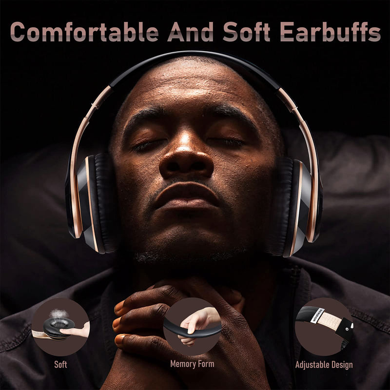Bluetooth Headphones Over Ear, 6S Wireless Headphones Wired with 6 EQ Modes, 40 Hours Playtime Foldable HiFi Stereo Headset with Microphone, FM/TF for Cellphone/PC/Work (Black & Gold) Black & Gold