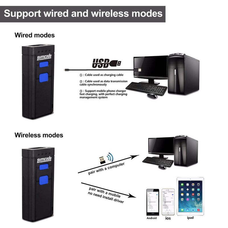 [AUSTRALIA] - Symcode Bluetooth Wireless Barcode Scanner,Compatible with Bluetooth Function & 2.4GHz Wireless, Portable Barcode Reader Work with Windows, Mac,Android, iOS Phones, Tablets or Computers Laser 1D Bluetooth Scanner 