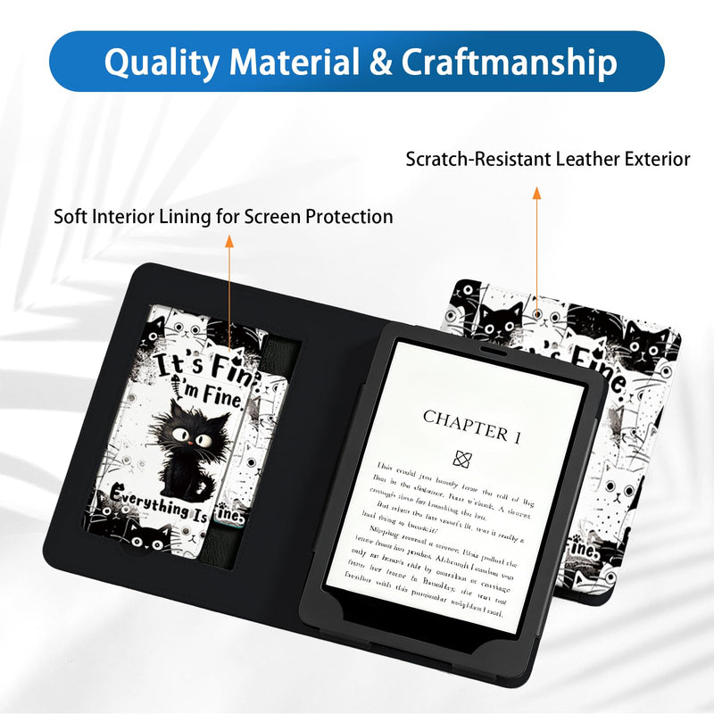 Cat Lover Gifts, Funny Black Cat Case for 7"/ 6.8" Kindle Paperwhite 12th/11th Gen, Everything is Fine PU Leather Cover with Auto Wake/Sleep, Birthday Gift for Cat Mom Lady