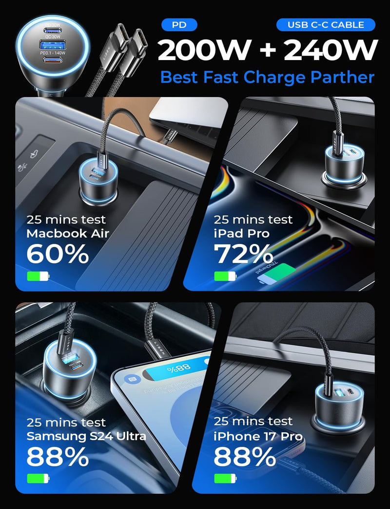 LISEN 200W Car Charger USB C Fast Charge [GaN] PD 140W Fast Car Charger | USB C, Cigarette Lighter Adapter for Multi Device, for iPhone 17 16 15 14 13 12, MacBook Pro, Laptop, iPad, Samsung S26 S25