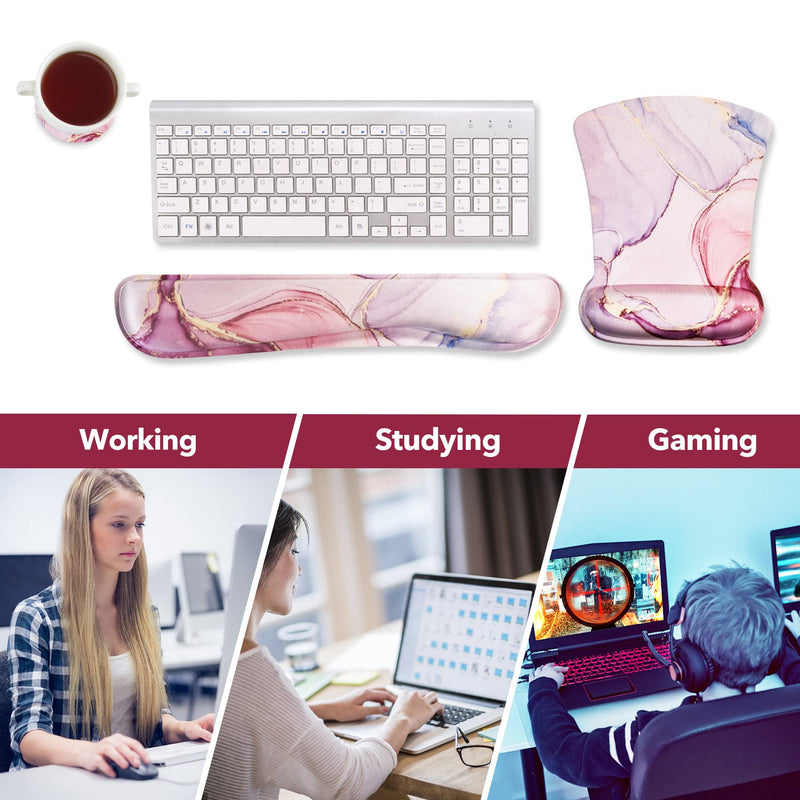 AIMSA Ergonomic Keyboard Wrist Rest and Mouse Pad with Wrist Support Set, Memory Foam Non-Slip Rubber Base, for Home, Office, Easy Typing, Pain Relief, Pink Purple Marble