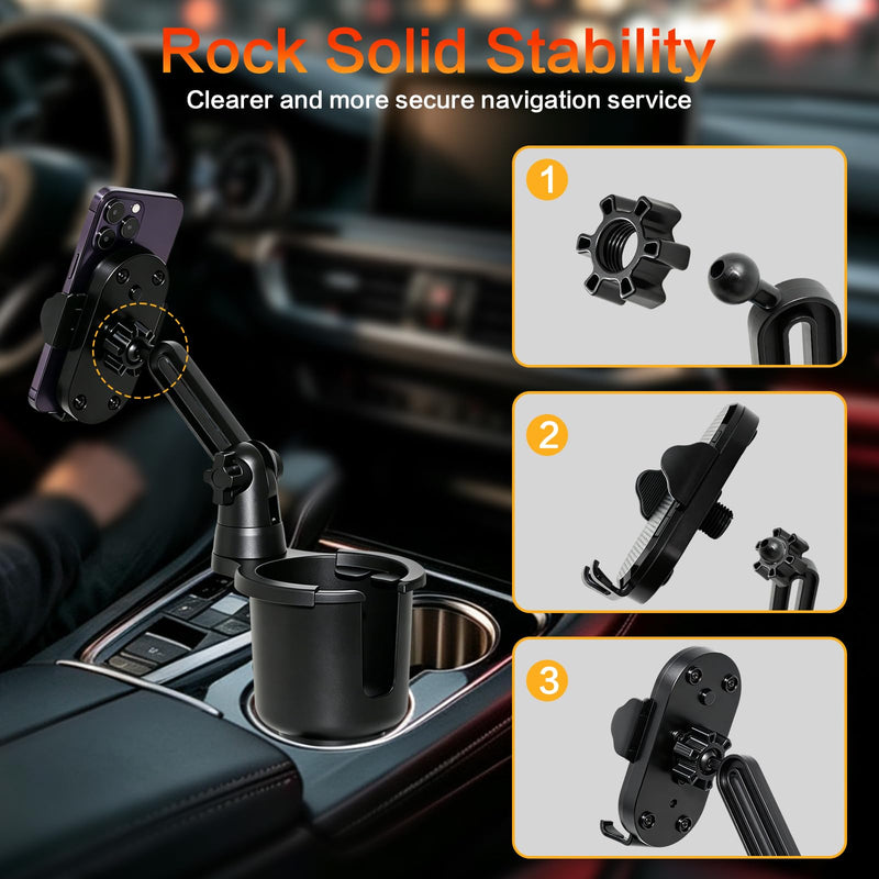 JPart Cup Phone Holder for Car, 2 in 1 Cup Holder Phone Mount with Adjustable Base and 360° Rotating Long Arm, Car Phone Holder Compatible with All Phones for Car Truck, Black - 1 Pack