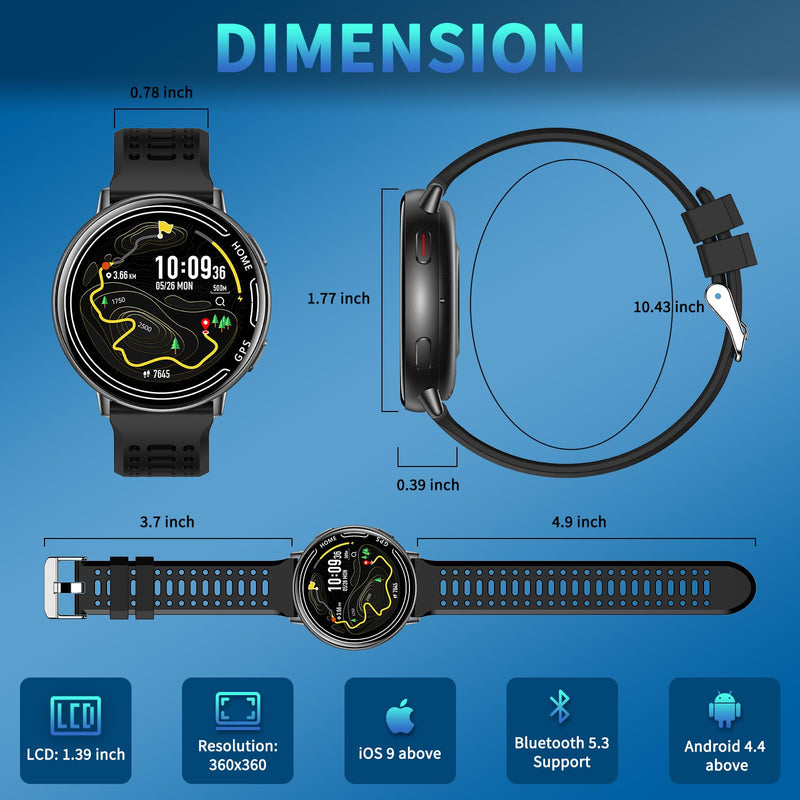 GPS Smart Watch for Men, 1.39" AMOLED Screen Smartwatches, GPS, AI, Bluetooth Call & Text, Health, 100+ Sport Modes Sleep 3ATM Waterproof Activity Fitness Tracker, Smartwatch for Android iPhone Black
