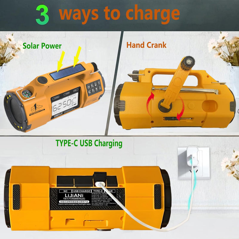 Emergency FM/AM/SW Weather Radio, Big Flashlight/Speaker,Type-C,Sleep Timer Alarm Clock, Solar Hand Crank Charge, 5000mAh Replaceable Battery,Cell Phone Charger Hurricane Survival kit yellow