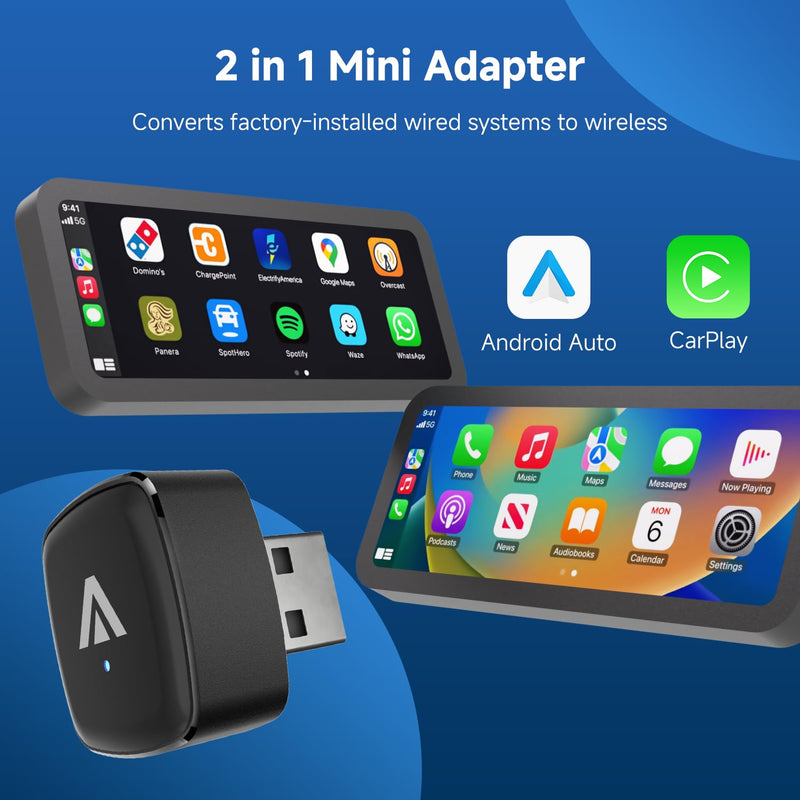 D7 Mini 2-in-1 Wireless CarPlay & Android Auto Adapter Alloy Shell | Plug & Play Low Latency Car Play Dongle, Compatible with 2016+ OEM Wired CarPlay/Android Auto Car for iPhone & Android Phones USB