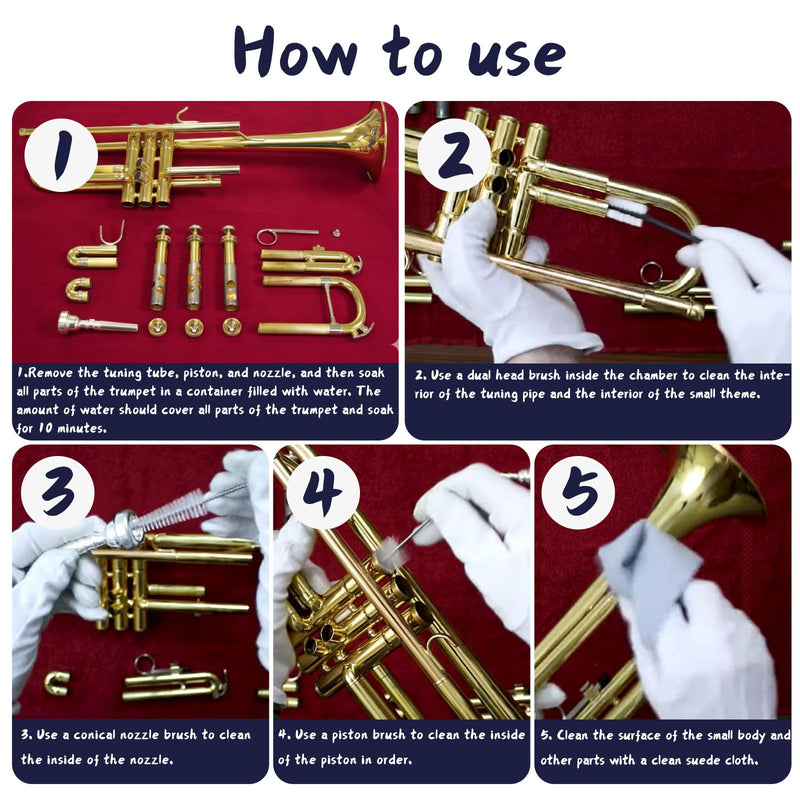 Trumpet Cleaning Kit, Clean and Care Horn, Trumpet Valve Oil Kit with Valve Oil, Slide Grease, Cork Grease, Cleaning Cloth, Mouthpiece/Valve/Bore Brushes, Polishing Cloth