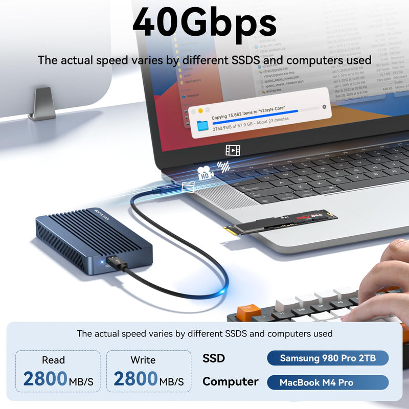 ANYOYO 40Gbps M.2 NVMe SSD Enclosure Tool Free Installation Aluminum USB 4 NVMe SSD Enclosure Compatible with Thunderbolt 5/4/3/USB 4/3.2/3.1/3.0/2.0 for M&B+M-Key SSD 2230/2242/2260/2280(TBU405M1) TBU405