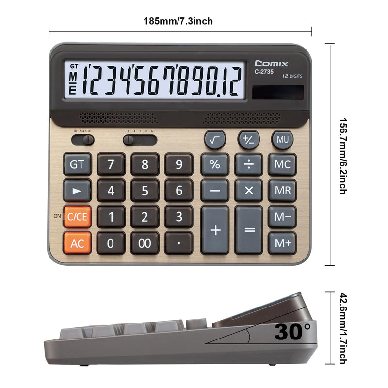 Comix Desktop Calculator, 12 Digits Large Desk Calculator, Gold, 2 Pack | Solar Battery Dual Power, 5 Inch Large LCD Display, Computer Keys, 4 Function Basic Calculator Office Business Home Use