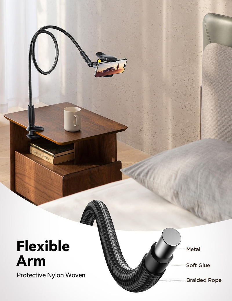 JOYROOM Gooseneck Phone Holder for Bed - [Safety Lock] & [Nylon Braid] 39.37” Flexible Long Arm Phone Stand for Desk, 720° Adjustable Overhead Phone Mount for iPhone 16, All 4-7" Devices Carbon Black