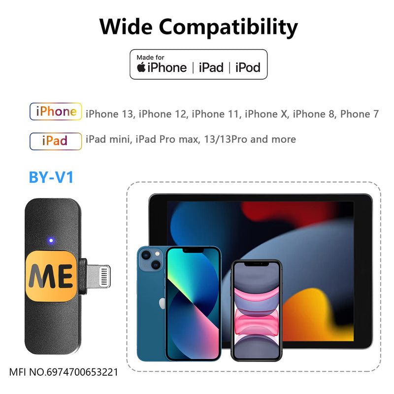 Wireless Lavalier Microphone for iPhone iPad Plug Play Lightning Microphones Mini Noise Cancellation Cordless Clip on Lapel Mic for Video Recording Interview Vlogging YouTube Live Streaming ME MIC-S2