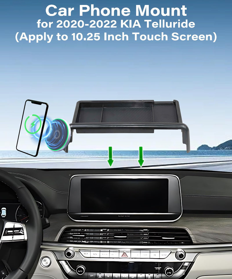 Car Phone Mount for Kia Telluride 2020 2021 2022 Accessories | 10.25-in Screen Clip-On 360° Rotatable 15W Fast Wireless Charger Magsafe Cell Phone Holder,with Dashboard Storage Tray for 2020-2022 Kia Telluride(10.25 Inch with Tray)