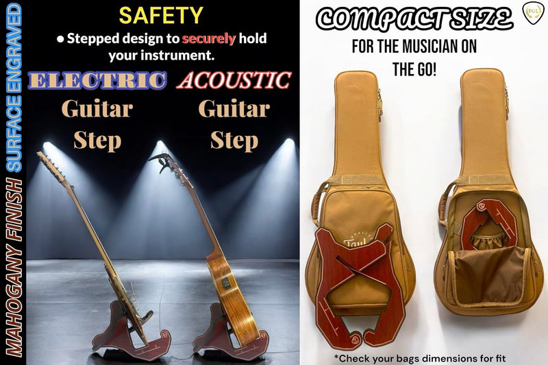 PGL Stepped Wooden Guitar Stand (Floor Stand) w/ Thicker EVA Protective Padding, Thicker Material, Electric Guitar Step, Acoustic Guitar Step, Surface Laser Engraved Diagram and Border, Universal Holder for Acoustic, Bass, Electric & Classical Guitars ...