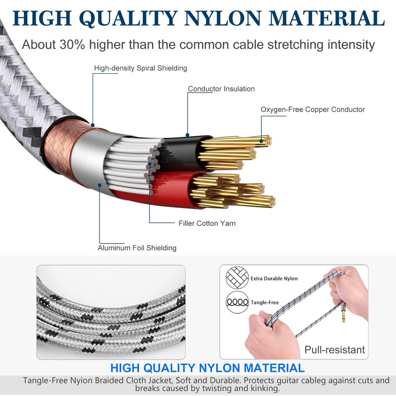 1/4 Inch TRS Instrument Cable 3.3 FT 2-Pack, Quarter inch Audio Cable, 6.35 Balanced Interconnect Line for Electric Guitar, Bass, Keyboard, Mixer, Amplifier, Speaker, Electric Mandolin 3.3 Feet TRS Cable 2-Pack Grey