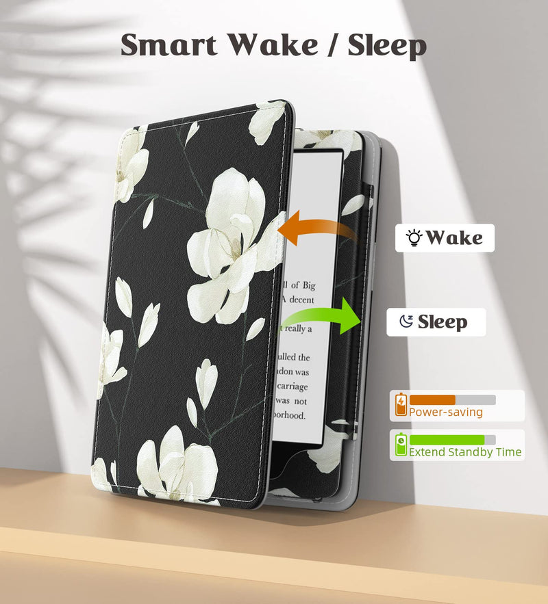 Moko Case for 6.8" Kindle Paperwhite (11th Generation-2021) and Kindle Paperwhite Signature Edition, Slim PU Shell Cover Case with Auto-Wake/Sleep for Kindle Paperwhite 2021, Black & White Magnolia