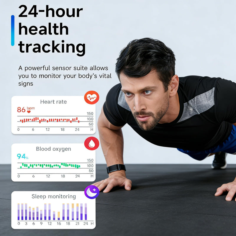 Smart Bracelet Health Wristband Fitness Tracker Heart Rate Monitor Sleep Tracker Step Counter Pedometer Multi Sport Modes Waterproof Wearable Activity Tracker, Free App, Silicone & Nylon Strap Black