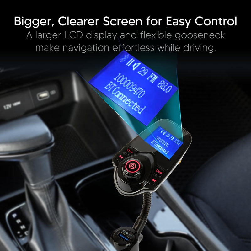 ONN Upgraded 2026 Bluetooth Car FM Transmitter, 1.44” LCD Display, Flexible Gooseneck, Hands-Free Calling, Dual USB Fast Charger, AUX & Micro SD Support for Cars, SUVs & Trucks