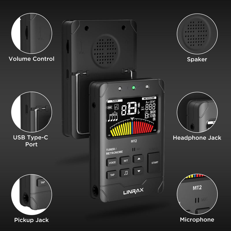 MT2 Rechargeable Metronome Tuner, 3 in 1 Digital Metronome Tuner Tone Generator for Guitar Bass Ukulele Violin Saxophone Trumpet Clarinet Flute, Voice Beat, Chromatic Tuner for All Instruments MT2