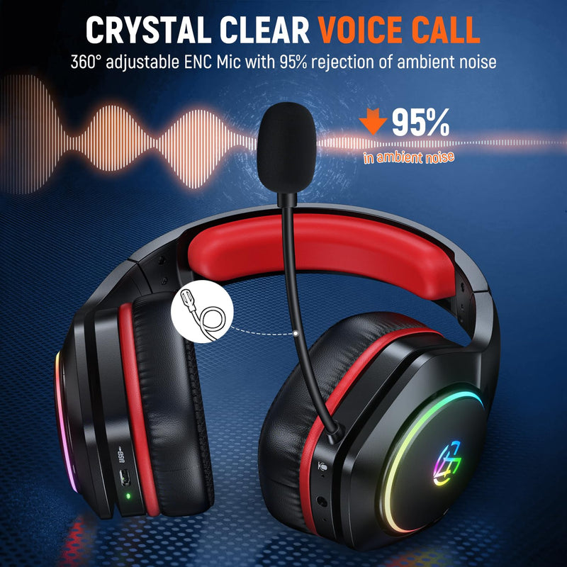 Tatybo Wireless Gaming Headset for PS5 PC, Dual Mode, Low Latency, Red | 7.1 Surround Sound, Bluetooth+2.4GHz Dual Mode, Noise-Canceling Mic for FPS Battle Royale, 40Hrs for Switch, Mobile, Laptop