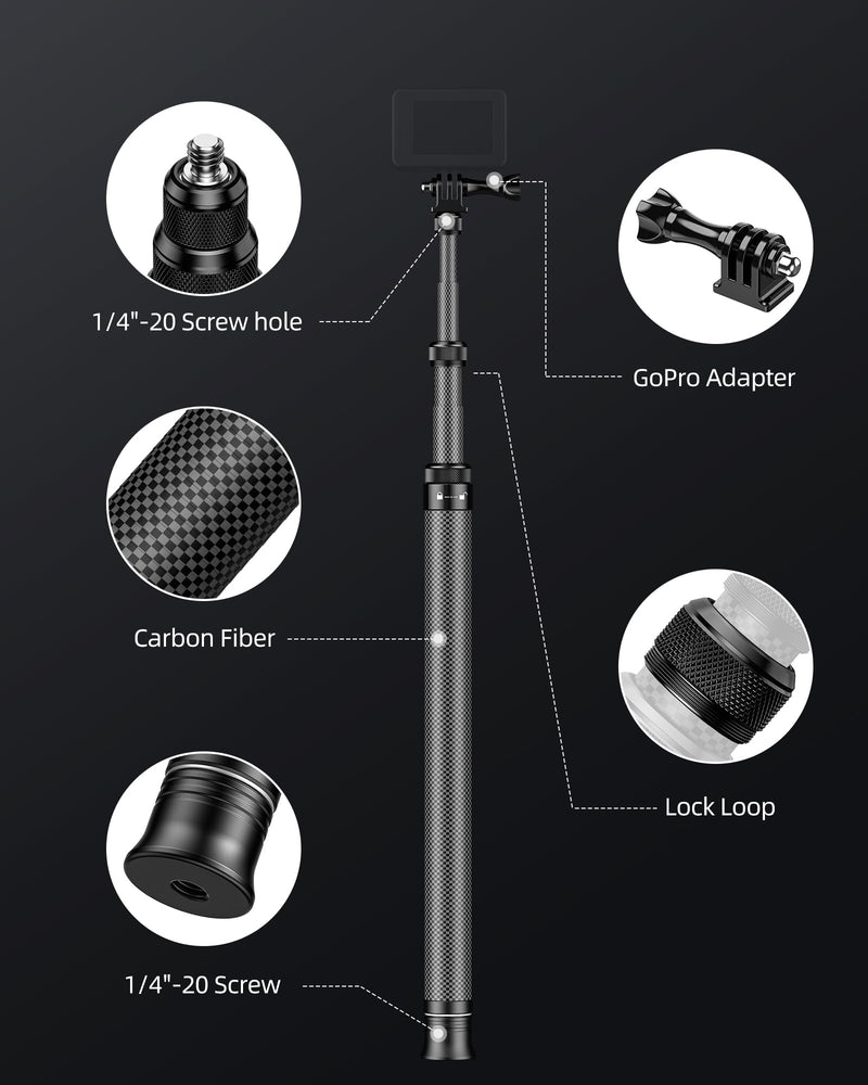 60"/1.5m Invisible Selfie Stick Carbon Fiber, 5ft Extended Long Pole Compatible with Insta360 X4 X3 ONE X2, ONE R, ONE X, ONE GO 3S 3 2 Action 360 Camera (14.2 to 60")