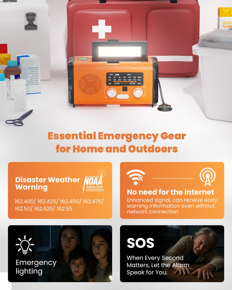 [AUSTRALIA] - Emergency Weather Radio NOAA AM FM with 10000mAh Power Bank & Fire Starter, Solar/Hand Crank/USB-C Fast Charging, SOS Alarm, Flashlight for Indoor Outdoor Survival for Campers and Preppers Orange 